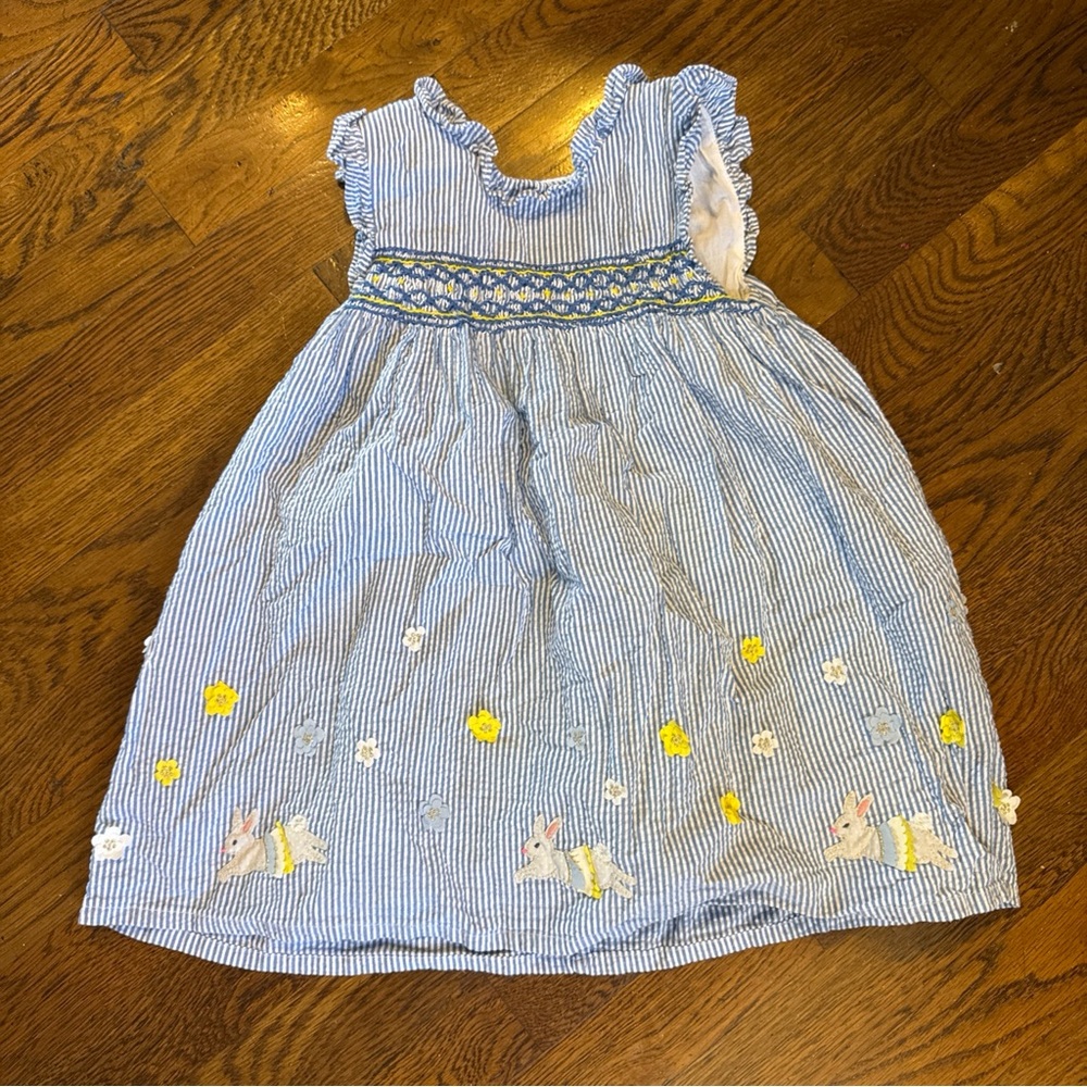 Mini Boden Blue Seersucker Bunny Embroidered Kids Dress